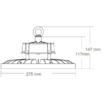 Dimensiones de High bay Luma 150W 110° (60° disponible con accesorio adicional), luz neutra fría 5000K 0-10V IP65 IK08 100-277V de AURO Lighting — SKU AI2150ON01