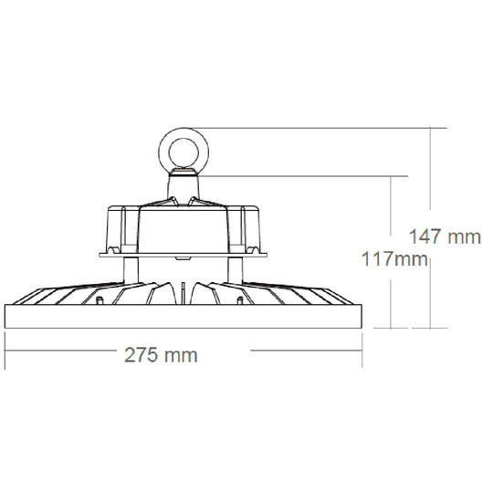 Dimensiones de High bay Luma 150W 110° (60° disponible con accesorio adicional), luz neutra fría 5000K 0-10V IP65 IK08 100-277V de AURO Lighting — SKU AI2150ON01