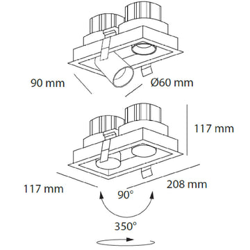 Dimensiones de Downlight Markel 20W con dos proyectores dirigible retráctiles, de AURO Lighting — SKU AIT5230BB01