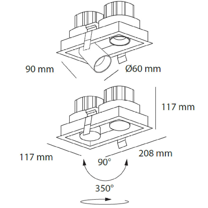 Dimensiones de Downlight Markel 20W con dos proyectores dirigible retráctiles, de AURO Lighting — SKU AIT5230BB01