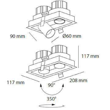 Dimensiones de Downlight Markel 20W con dos proyectores dirigible retráctiles, de AURO Lighting — SKU AIT5230BN01