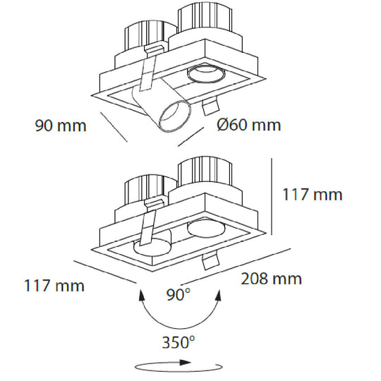 Dimensiones de Downlight Markel 20W con dos proyectores dirigible retráctiles, de AURO Lighting — SKU AIT5230BN01