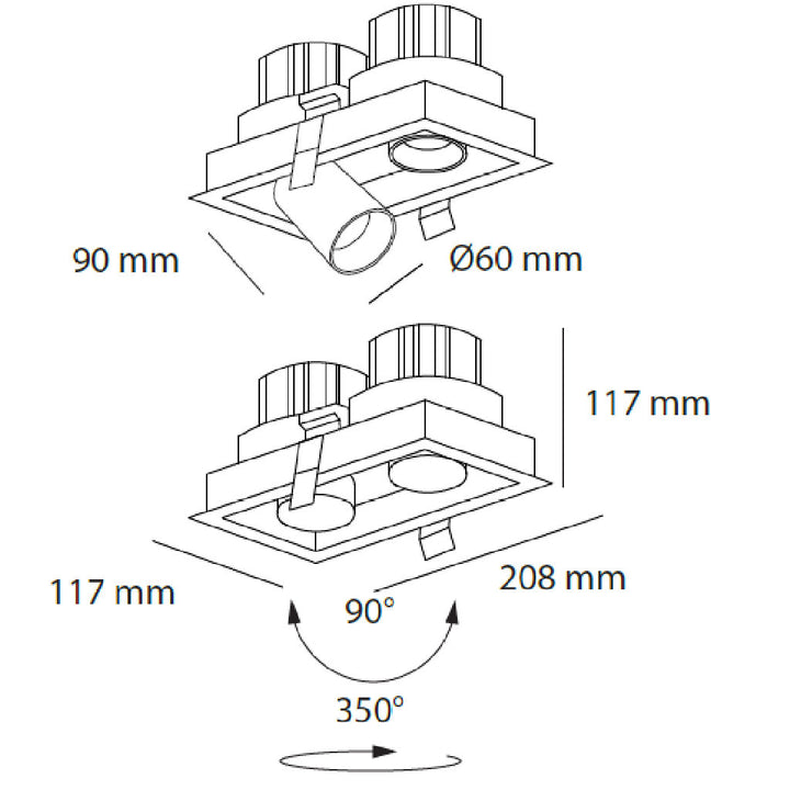 Dimensiones de Downlight Markel 20W con dos proyectores dirigible retráctiles, de AURO Lighting — SKU AIT5230BN01
