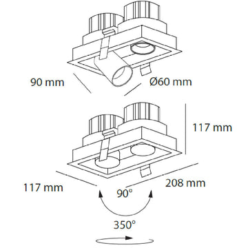 Dimensiones de Downlight Markel 20W con dos proyectores dirigible retráctiles, de AURO Lighting — SKU AIT5230NN01