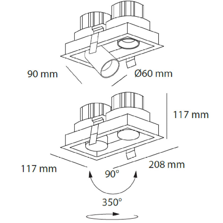 Dimensiones de Downlight Markel 20W con dos proyectores dirigible retráctiles, de AURO Lighting — SKU AIT5230NN01