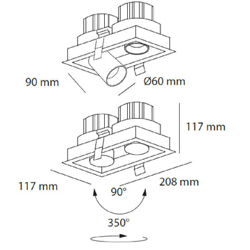 Dimensiones de Downlight Markel 20W con dos proyectores dirigible retráctiles, de AURO Lighting — SKU AIT5240BN01