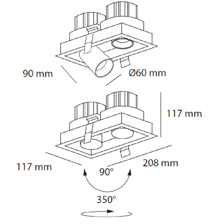 Dimensiones de Downlight Markel 20W con dos proyectores dirigible retráctiles, de AURO Lighting — SKU AIT5240BN01