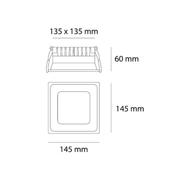 Dimensiones de Downlight Luzia 18W (14.5 x 14.5cm) de AURO Lighting — SKU AIT8836SB
