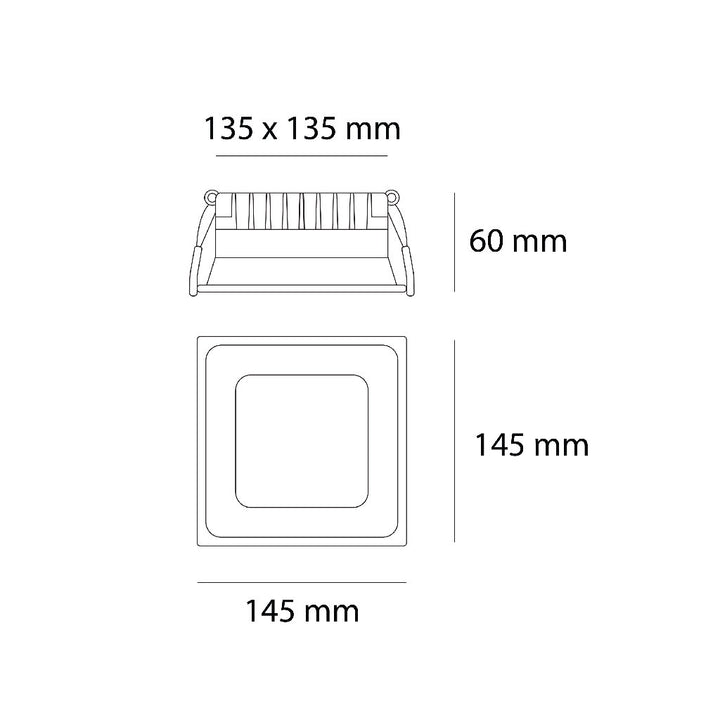 Dimensiones de Downlight Luzia 18W (14.5 x 14.5cm) de AURO Lighting — SKU AIT8836SB