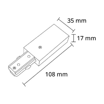 Dimensiones de Conector inicial para riel Monofásico Pro Track de AURO Lighting — Referencias ARMCCB, ARMCCN