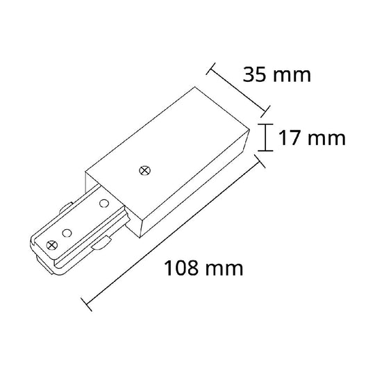 Dimensiones de Conector inicial para riel Monofásico Pro Track de AURO Lighting — Referencias ARMCCB, ARMCCN