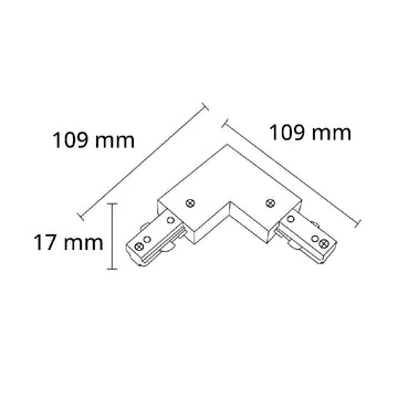 Dimensiones de Conector L para riel Monofásico Pro Track de AURO Lighting — Referencias ARMCLB, ARMCLN
