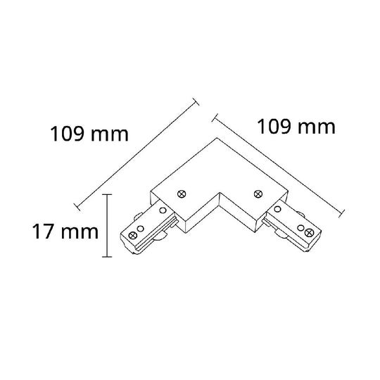 Dimensiones de Conector L para riel Monofásico Pro Track de AURO Lighting — Referencias ARMCLB, ARMCLN