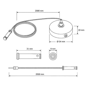 Dimensiones de Accesorio para suspender para riel Monofásico Pro Track de AURO Lighting — Referencias ARMSUSPB, ARMSUSPN