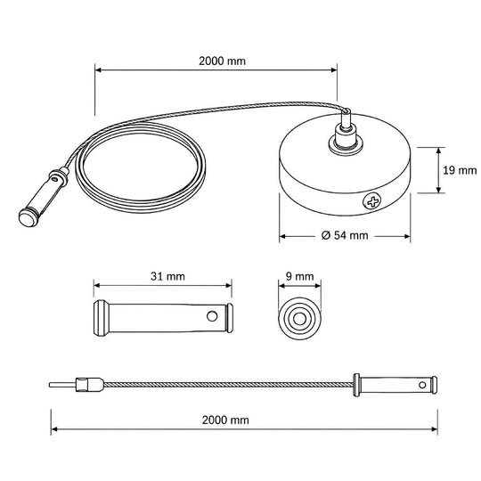 Dimensiones de Accesorio para suspender para riel Monofásico Pro Track de AURO Lighting — Referencias ARMSUSPB, ARMSUSPN