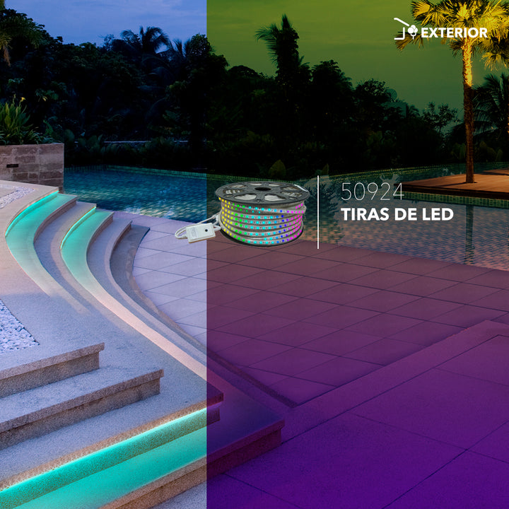 Tira LED 5050 RGB 50m 14.4W/m 120v IP65 atenuable, para interior y exterior, 60 LEDs por metro con corte cada 50cm de Philco