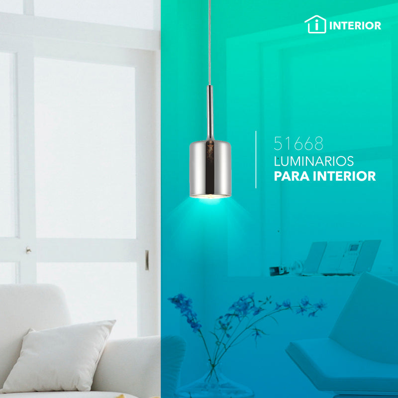 Luminario decorativo cilíndrico para suspender de diferentes medidas, acabado cromado con cuerpo de cristal base G9 de Philco