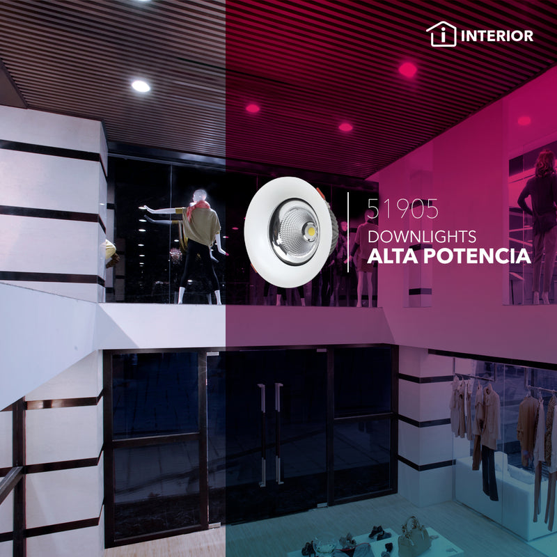 Downlight alta potencia LED 50W 60° (Ø23cm), opciones color de luz, acabado blanco cuerpo de aluminio con tapa de cristal de Philco