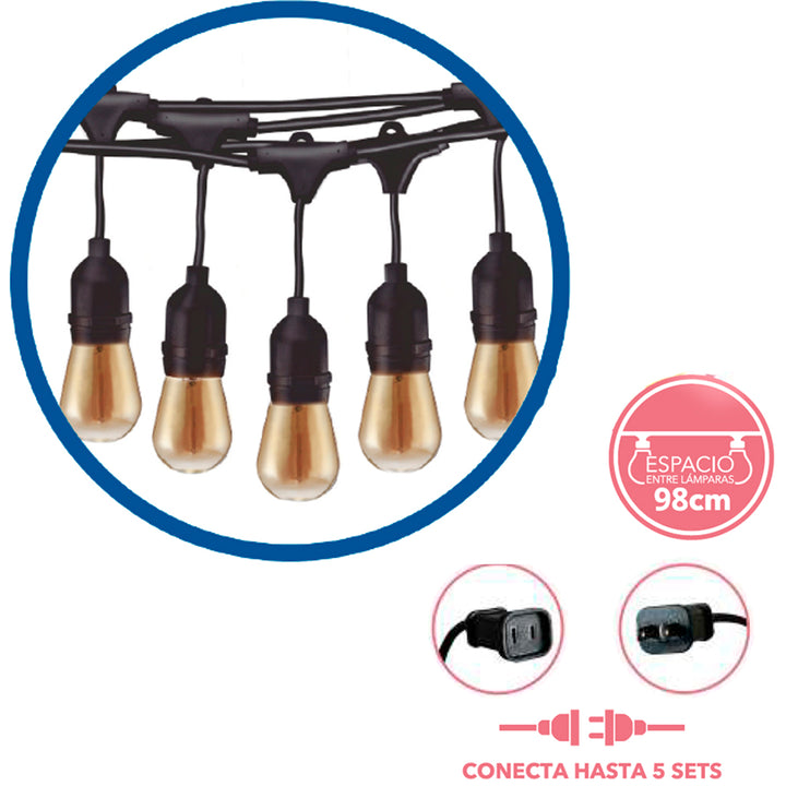 Guirnalda 5m para exteriores con 5 sockets incluye bulbos LED vintage, interconectable de Philco