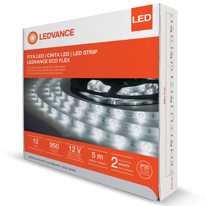 Tira LED ECOFLEX para Interiores 5m 12W/m 12V opciones en color de luz marca Ledvance