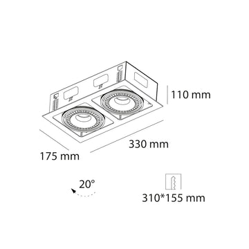 Downlight CIRA 36W 24° CRI>90 rectangular doble cabeza orientable acabado blanco o negro color de luz neutro cálido de Auro