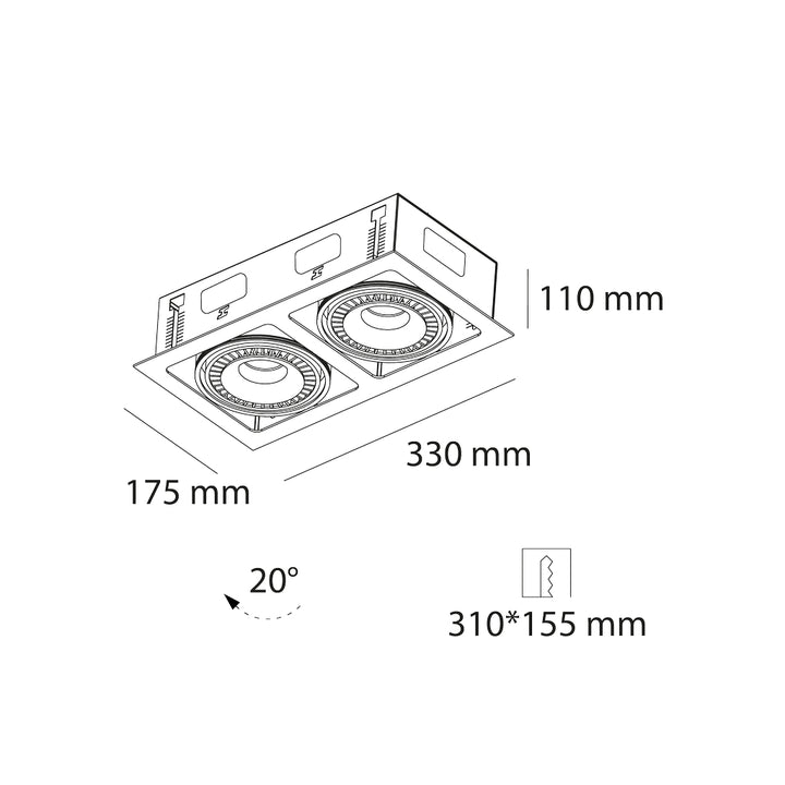 Downlight CIRA 36W 24° CRI>90 rectangular doble cabeza orientable acabado blanco o negro color de luz neutro cálido de Auro