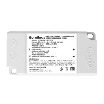 Driver para luminarios LED, atenuación TRIAC, 5-18W, entrada 85-265V ca salida 15-62V cc, 300mA, para interiores a iLumileds