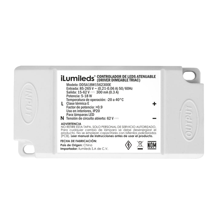 Driver para luminarios LED, atenuación TRIAC, 5-18W, entrada 85-265V ca salida 15-62V cc, 300mA, para interiores a iLumileds