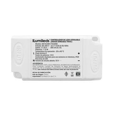 Driver para luminarios LED, atenuación TRIAC, 5-18W, entrada 85-265V ca salida 15-62V cc, 300mA, para interiores a iLumileds