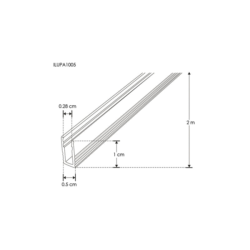 Kit de perfil de aluminio ultra-estrecho ILUPA1005KIT. -L:2m A:0.28cm Al:1cm- para tira LED, incluye difusor acrílico, 2 tapas laterales, 2 grapas de sujeción de iLumileds