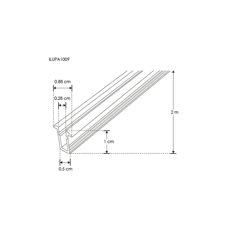 Kit de perfil de aluminio ultra-estrecho con ceja ILUPA1009KIT. -L:2m A:0.28cm/0.88cm Al:1cm- para tira LED, incluye difusor acrílico, 2 tapas laterales, 2 grapas de sujeción de iLumileds
