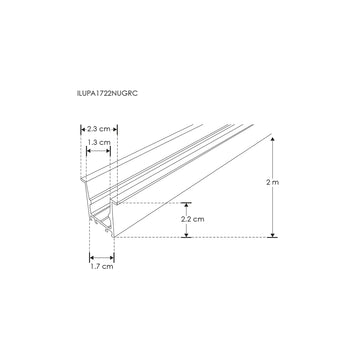 Kit de perfil de bajo deslumbramiento con difusor remetido con ceja ILUPA1722NUGRCKI -L:2m Al:2.2cm A:1.7cm- para tira LED, incluye difusor negro traslucido, 2 tapas laterales y 2 resortes sujeción de iLumileds
