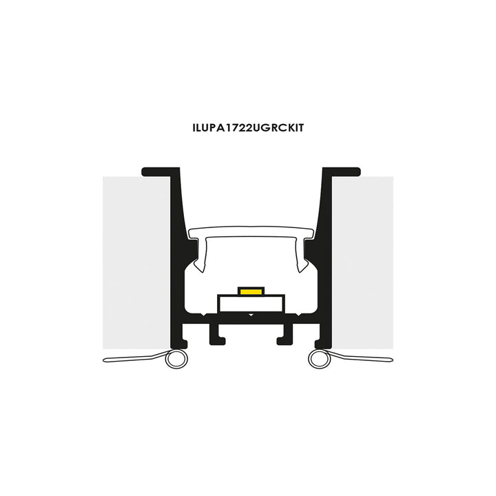 Kit de perfil de bajo deslumbramiento con difusor remetido con ceja ILUPA1722UGRCKIT -L:2m Al:2.2cm A:1.7cm- para tira LED, incluye difusor negro traslucido, 2 tapas laterales y 2 resortes sujeción de iLumileds