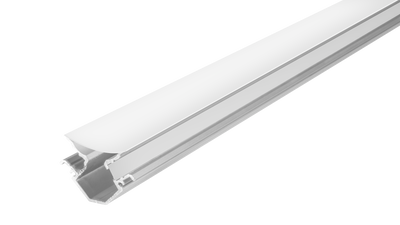 Kit de perfil de aluminio sobreponer esquinero doble salida de luz ILUPA191WKIT. -L:2m A:4.3cm Al:3cm- para tira LED, incluye difusor acrílico, 2 tapas laterales y 2 grapas de sujeción