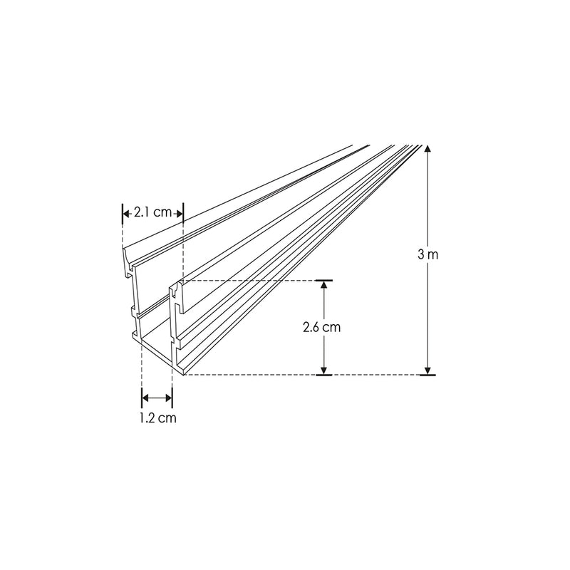 Kit de perfil de aluminio para empotrar en piso en exteriores ILUPA2216KIT. -L:3m A:2.1cm Al:2.6cm- para tira LED incluye, difusor acrílico, 2 tapas laterales de iLumileds