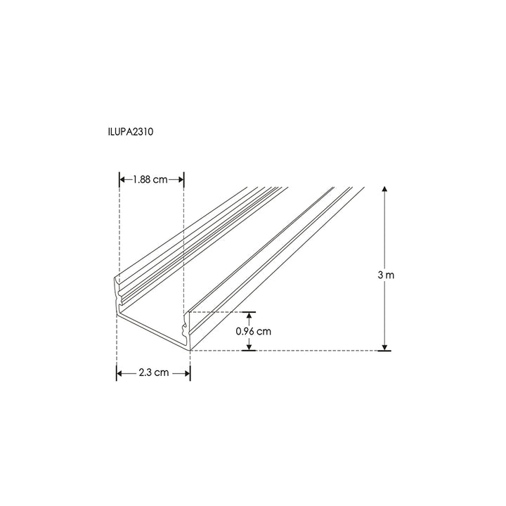 Kit perfil de aluminio ILUPA2310KIT. -L:3m A:1.88cm Al:0.96cm- para tira LED, incluye difusor, 2 tapas laterales y 2 grapas de sujeción de iLumileds