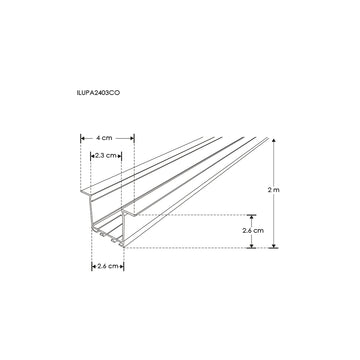 Kit de perfil de alumino con ceja para empotrar SIN DIFUSOR ILUPA2403COKIT. -L:2m A:2.3/4cm Al:2.6m- para tiras LED o tarjetas de LED recomendadas, incluye 2 tapas laterales, 2 grapas y 2 resortes de sujeciónde iLumileds
