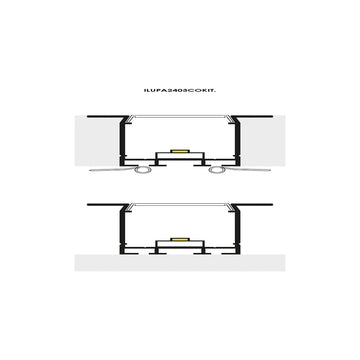 Kit de perfil de alumino con ceja para empotrar SIN DIFUSOR ILUPA2403COKIT. -L:2m A:2.3/4cm Al:2.6m- para tiras LED o tarjetas de LED recomendadas, incluye 2 tapas laterales, 2 grapas y 2 resortes de sujeciónde iLumileds