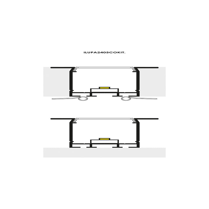 Kit de perfil de alumino con ceja para empotrar SIN DIFUSOR ILUPA2403COKIT. -L:2m A:2.3/4cm Al:2.6m- para tiras LED o tarjetas de LED recomendadas, incluye 2 tapas laterales, 2 grapas y 2 resortes de sujeciónde iLumileds