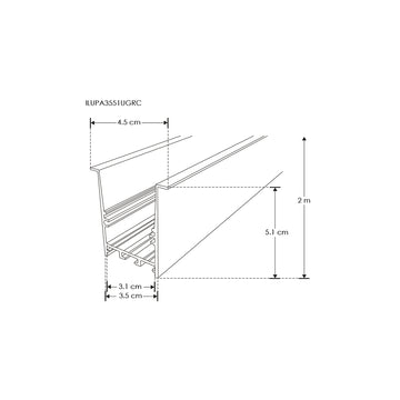 Kit de perfil grande de bajo deslumbramiento con difusor remetido con ceja ILUPA3551UGRCKIT -L:2m A:4.5cm Al:5.1cm- para tira LED, incluye difusor opalino, 2 tapas laterales y 2 resortes sujeción de iLumileds