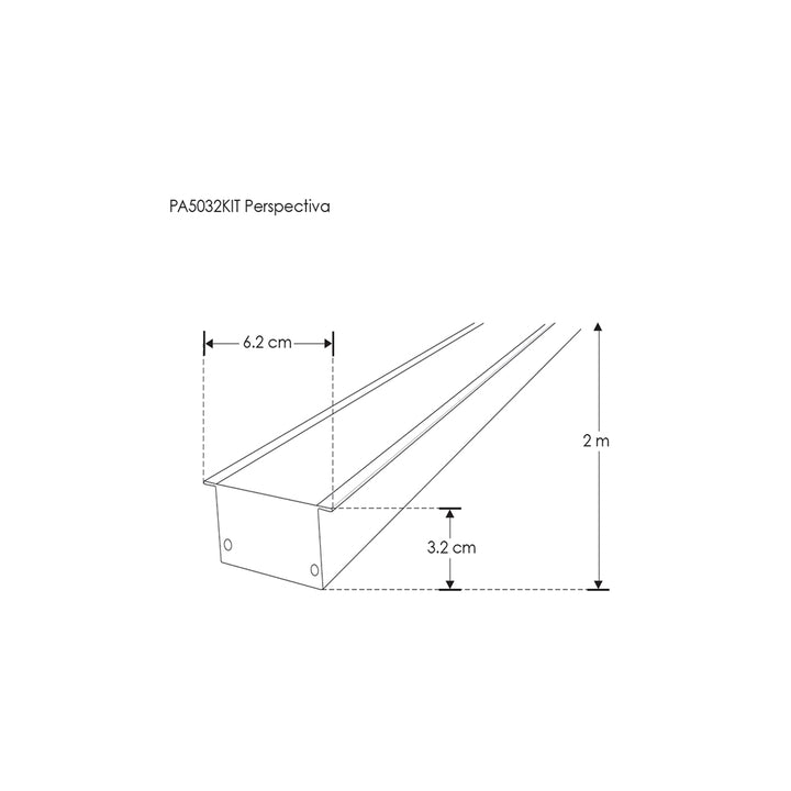 Kit perfil aluminio ancho para plafón ILUPA5032KIT. -L:2m A:6.2cm Al:3.2cm- para tira LED, incluye difusor, tapas laterales y resortes de sujeción