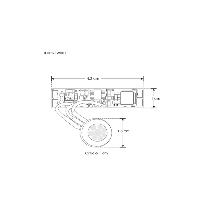 Sensor PIR ON-OFF para tira LED conecta hasta 72W/12Vcc - 144W/24Vcc, PCB incluye sensor con cable de iLumileds