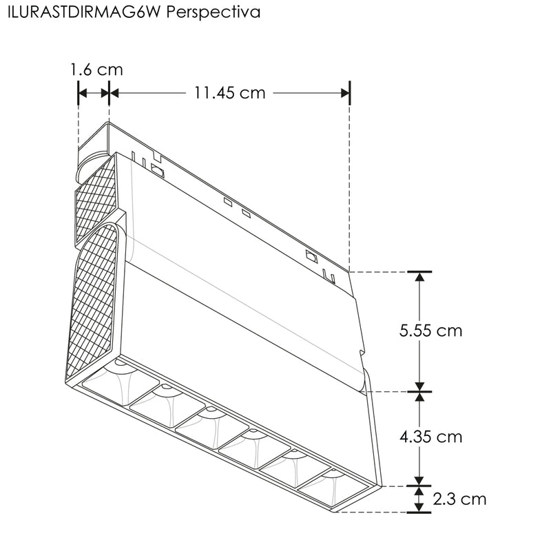 Luminario tipo rectangular puntual dirigible 6W 24° 6 cuerpos ópticos 48V 3000K para riel magnético de iLumileds