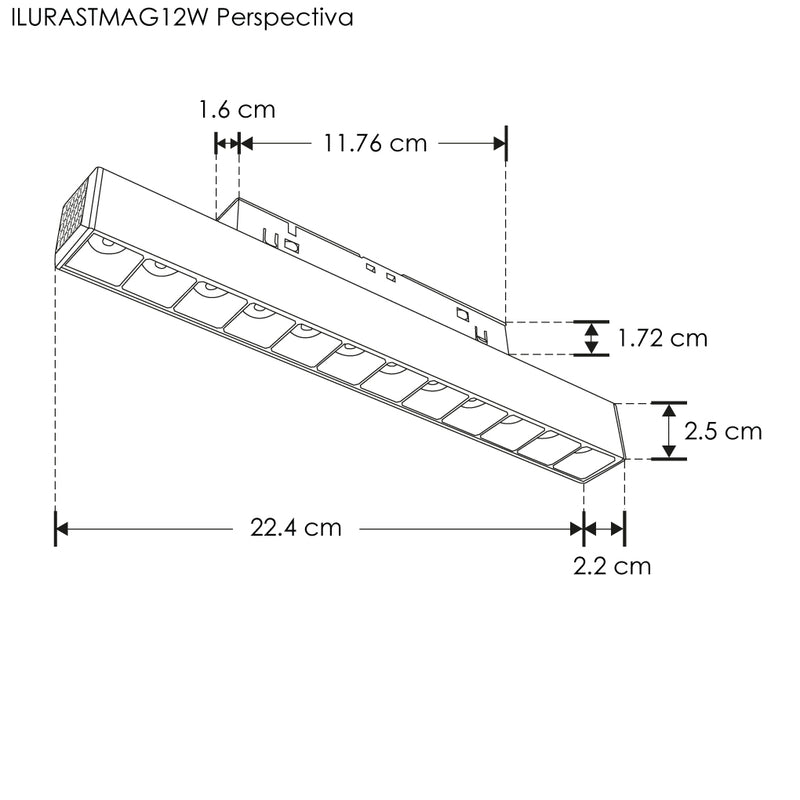 Luminario tipo rectangular puntual 12W 24° 12 cuerpos ópticos 48V 3000K para riel magnético de iLumileds
