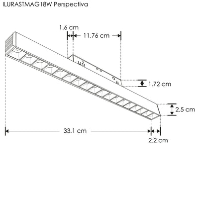 Luminario tipo rectangular puntual 18W 24° 18 cuerpos ópticos 48V 3000K para riel magnético de iLumileds