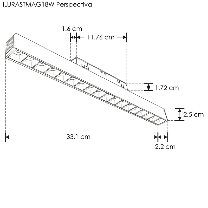 Luminario tipo rectangular puntual 18W 24° 18 cuerpos ópticos 48V 3000K para riel magnético de iLumileds