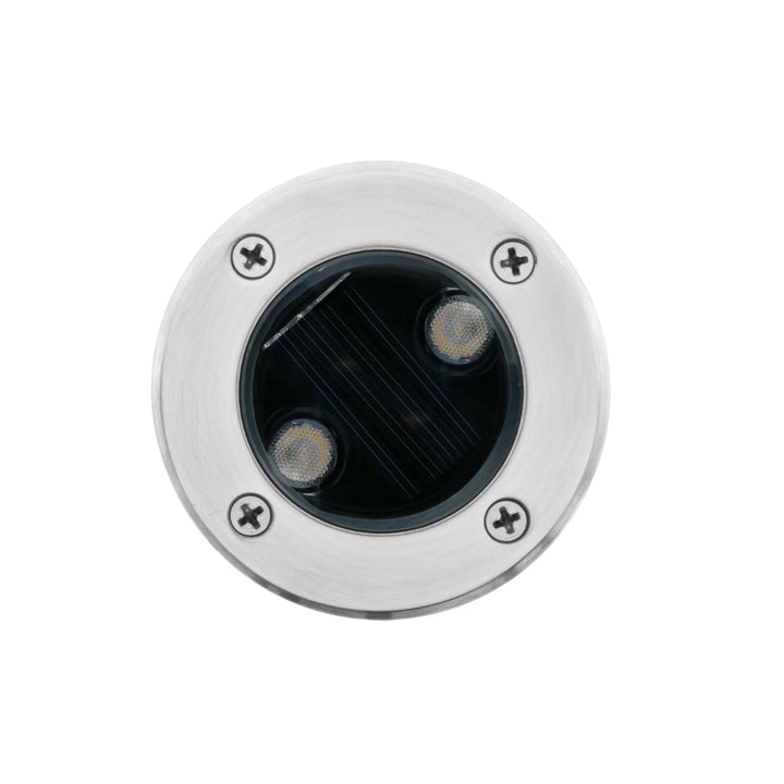 Luminario solar LED para empotrar en piso 2W 120° con tapa de acero inoxidable con sensor de obscuridad, incluye bateria de litio y housing IP67 (no debe pisarse) de iLumileds