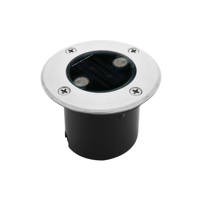 Luminario solar LED para empotrar en piso 2W 120° con tapa de acero inoxidable con sensor de obscuridad, incluye bateria de litio y housing IP67 (no debe pisarse) de iLumileds