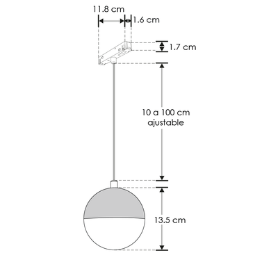 Luminario magnético esfera de aluminio negro y policarbonato para suspender 6W 120°, CRI:90 48Vcc luz neutro cálido, suspensión ajustable de iLumileds