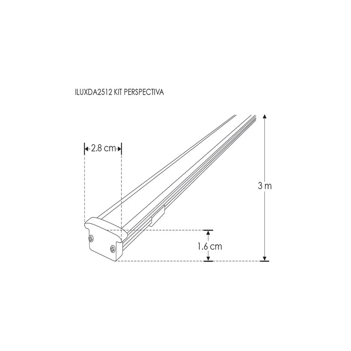 Kit perfil exterior aluminio con cejas ILUDXA2512KIT -L:3m A:2.1cm Al:1.6cm- incluye difusor, tapas laterales, grapas de sujeción y solera de aluminio